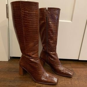 ALOHAS EAST ALLI BROWN size 41 tall CROC LEATHER KNEE-HIGH BOOTS with BLOCK HEEL